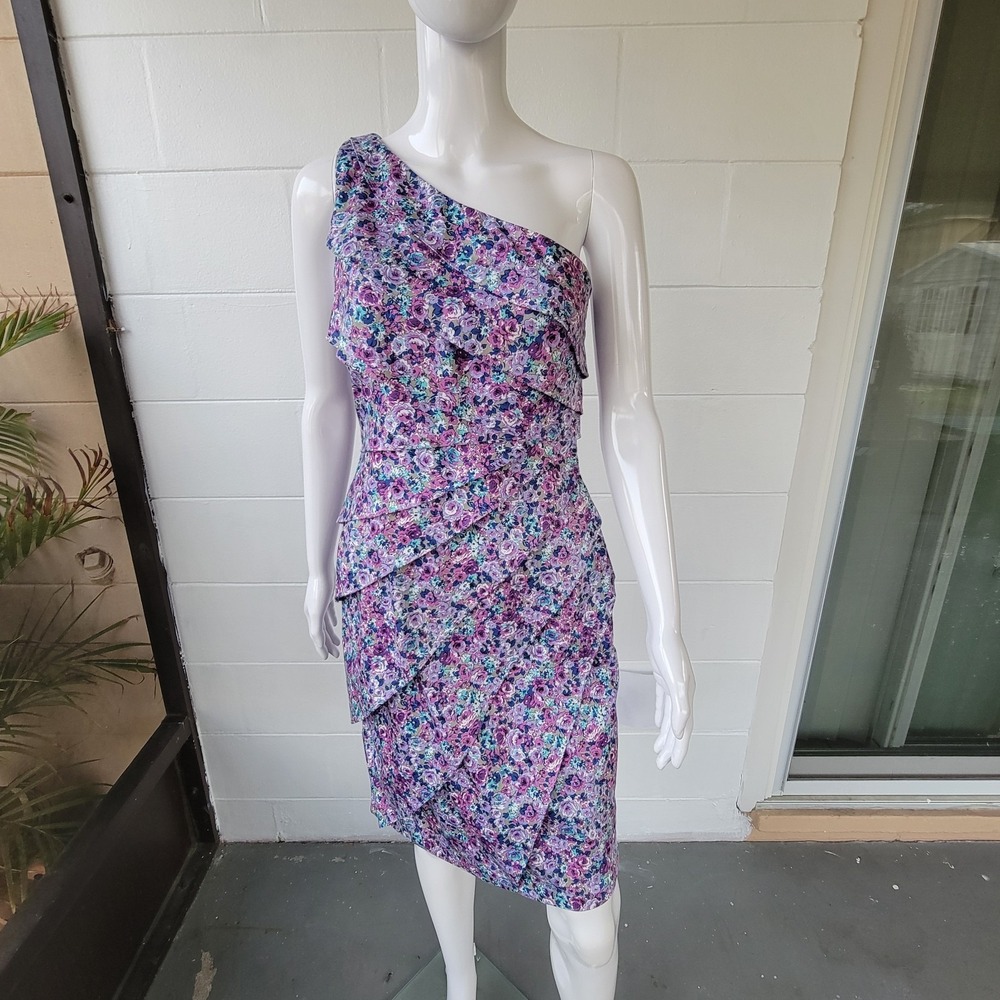 London Times Floral Cocktail Dress Purple Women's‎ 8 Layered One Shoulder Ruffle